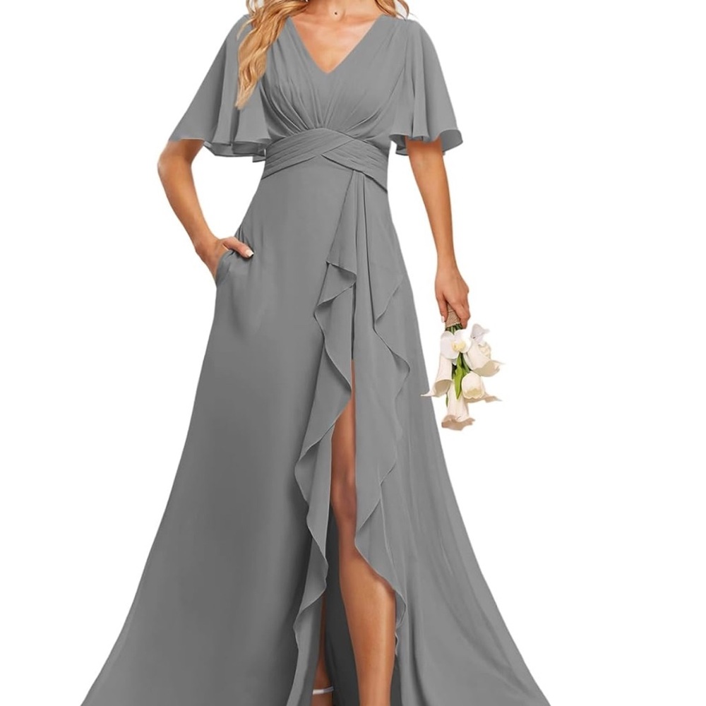Gray Gown with Slit and Flutter Sleeves chiffon